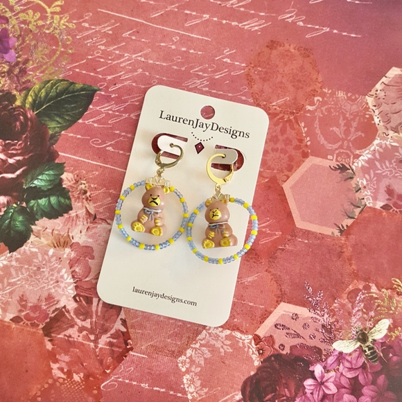 Teddy's Wonderland Blue and Yellow Beaded Gold Hoop Dangle Earrings - Picture 3 of 5